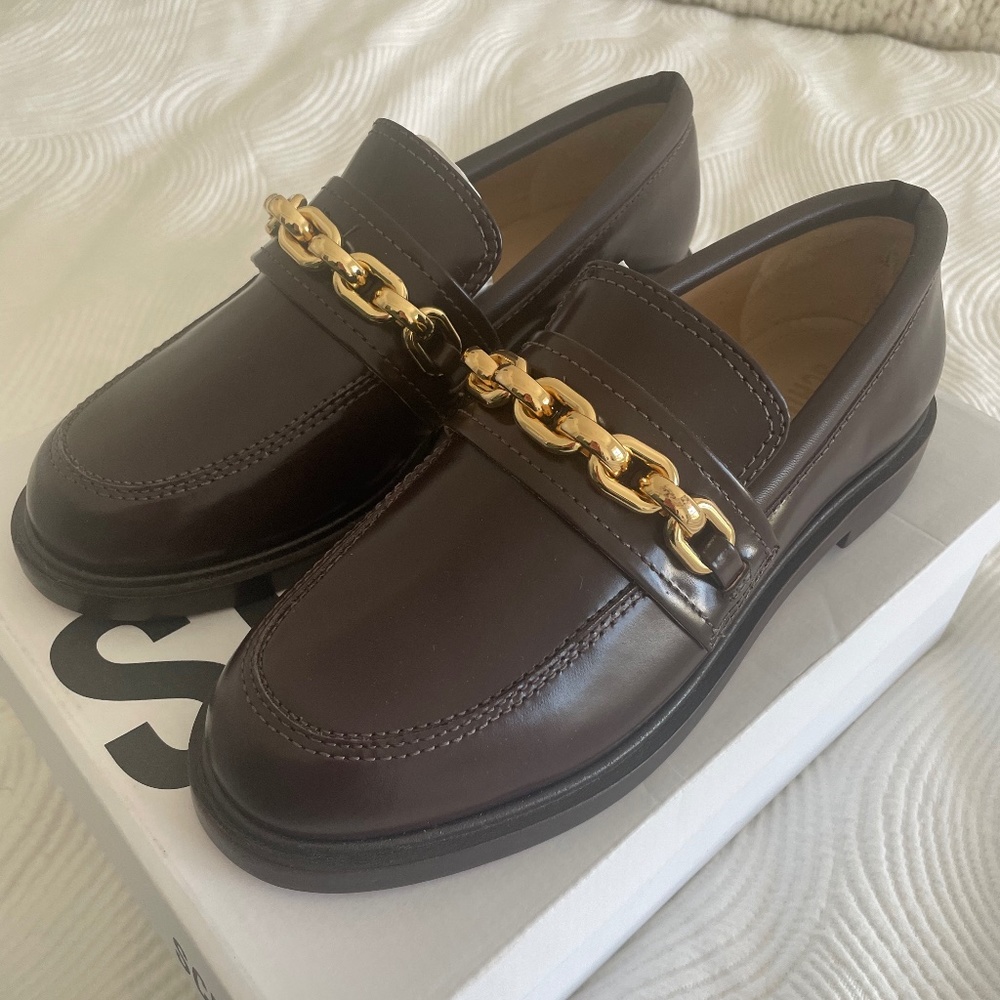 Schutz Dannie Loafers (Dark Brown with Gold Chain Detail) - Picture 1 of 9